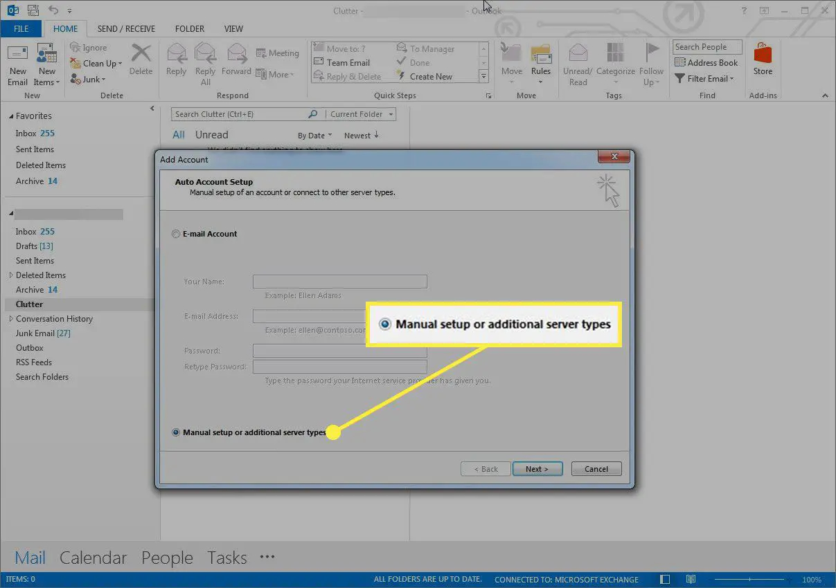 A opção "Configuração manual" na configuração da conta do Outlook.