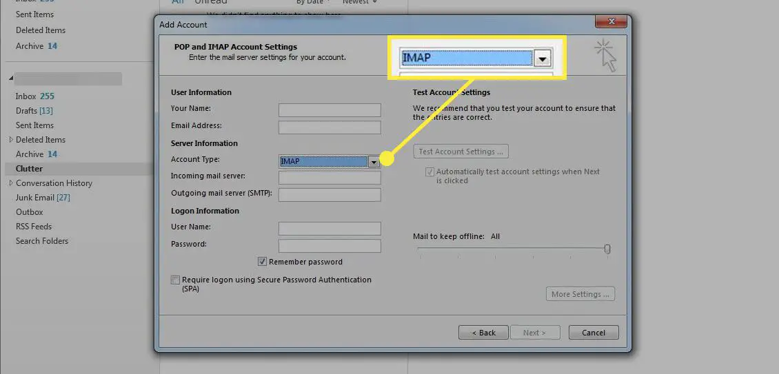 A opção IMAP na configuração da conta do Outlook