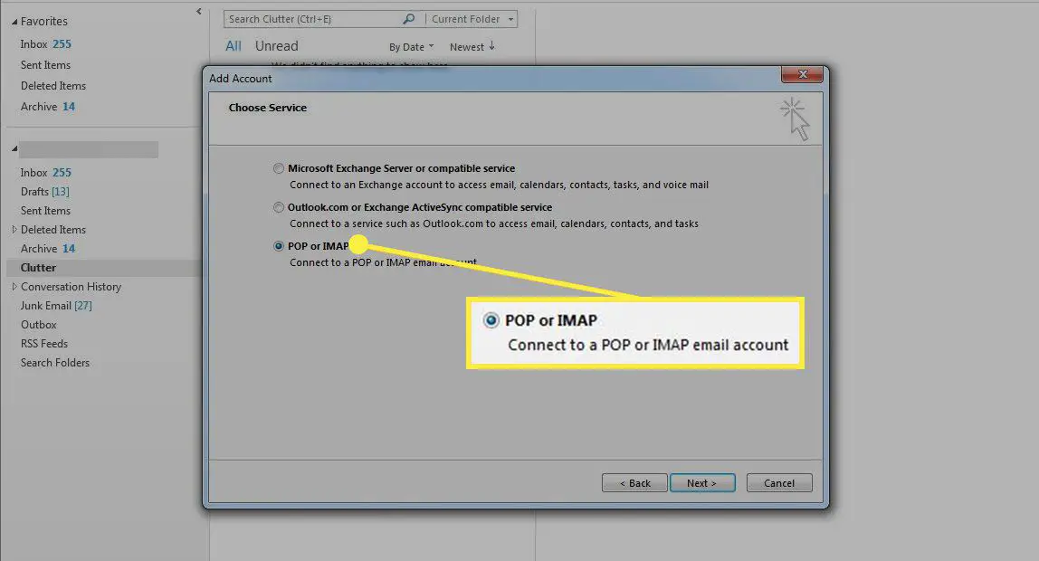 A opção POP ou IMAP na configuração da conta do Outlook
