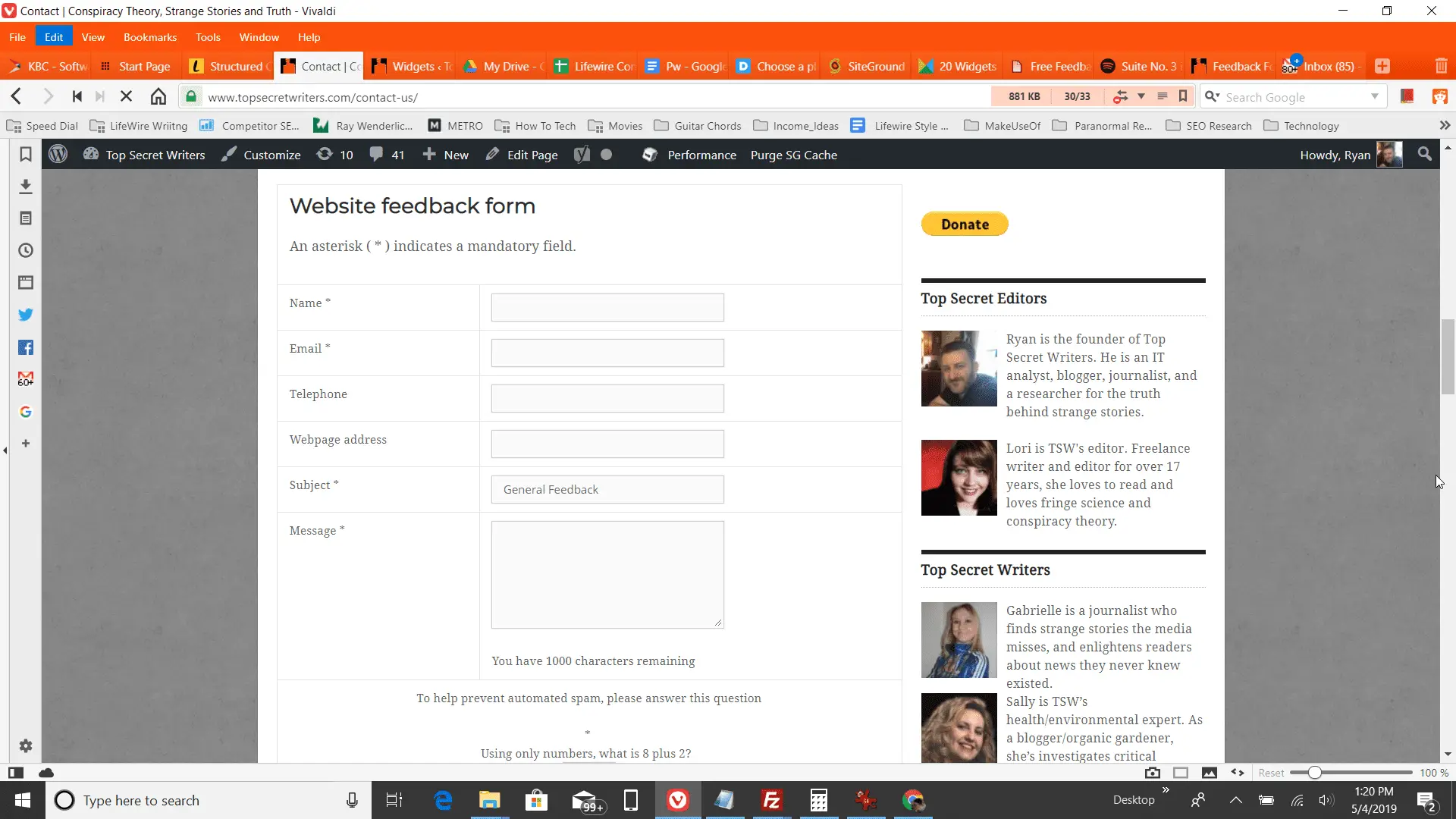 Formulário de feedback grátis instalado, um exemplo de widget de aprimoramento de blog