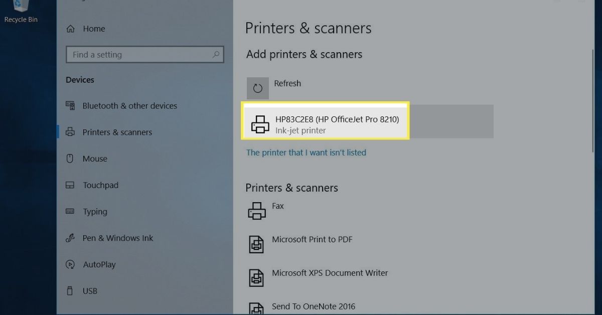 Seleção de impressora em impressoras e scanners no Windows 10
