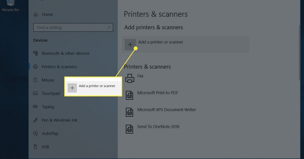 Configurações de impressoras e scanners para adicionar uma impressora a um laptop Windows 10