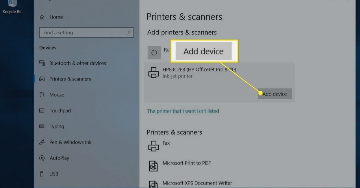 Adicionar botão de dispositivo em Impressoras e scanners