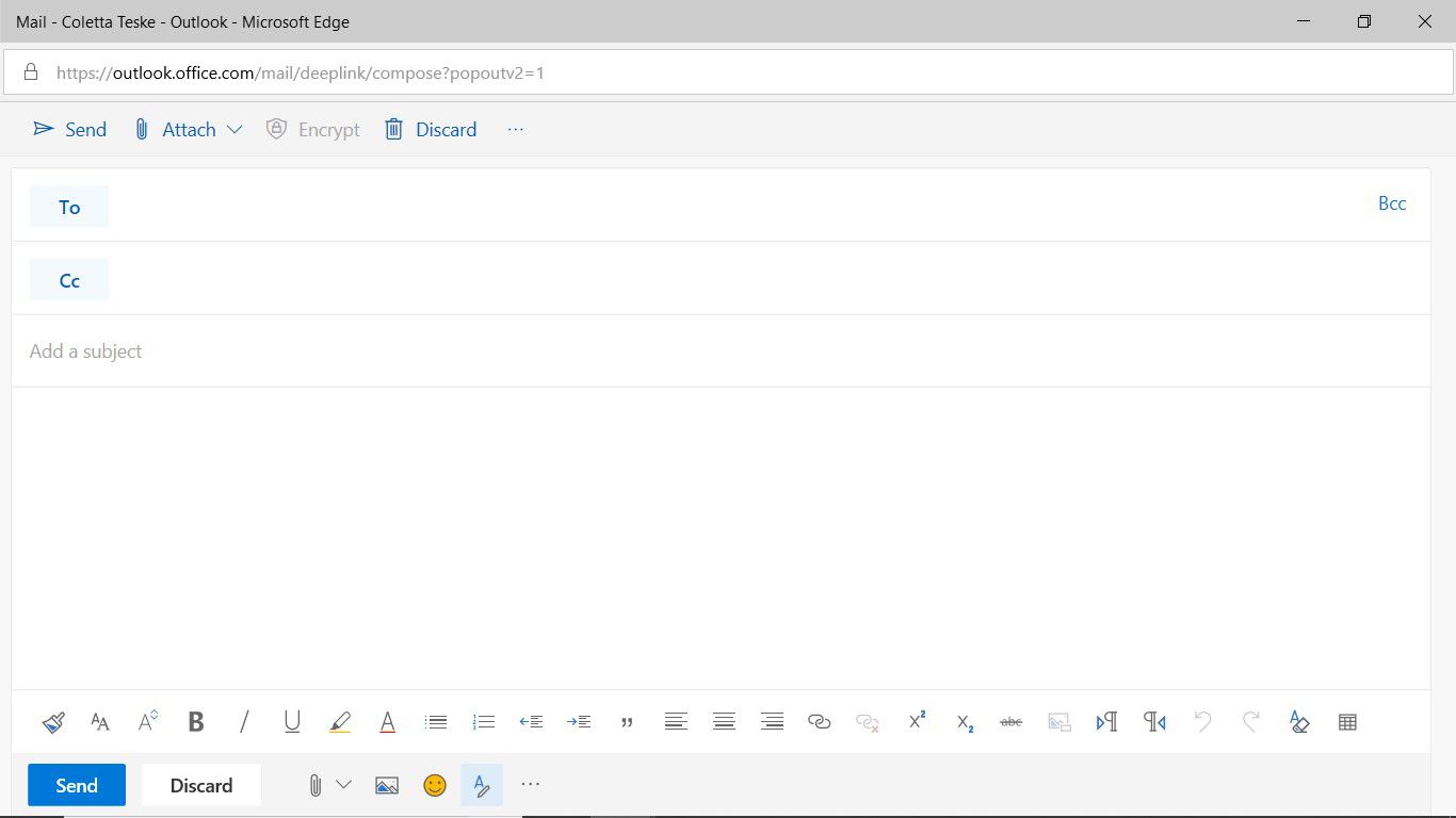 Uma captura de tela mostrando uma nova janela de mensagem em branco no Outlook na web