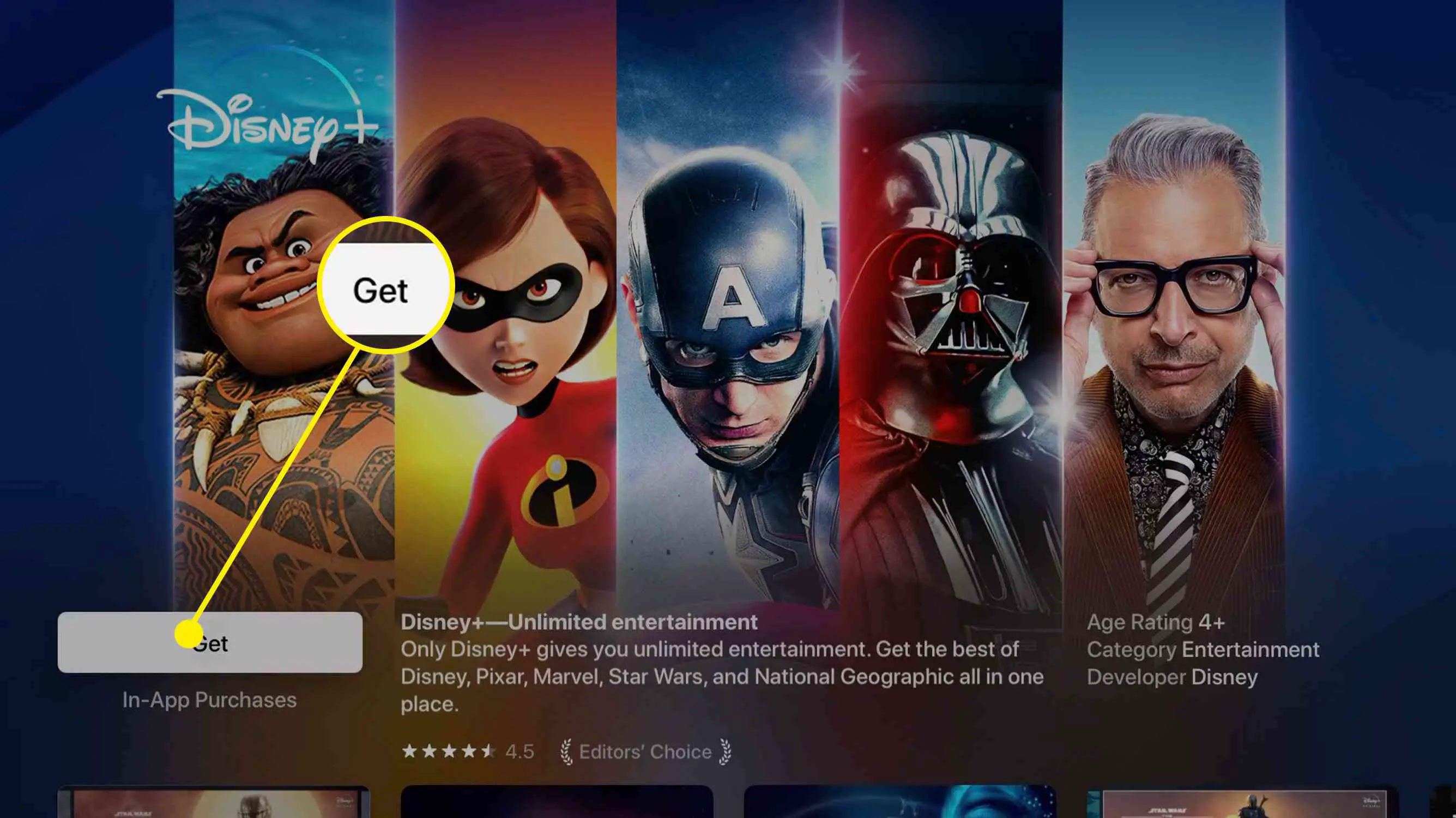 Captura de tela do aplicativo Disney + na loja de aplicativos da Apple TV