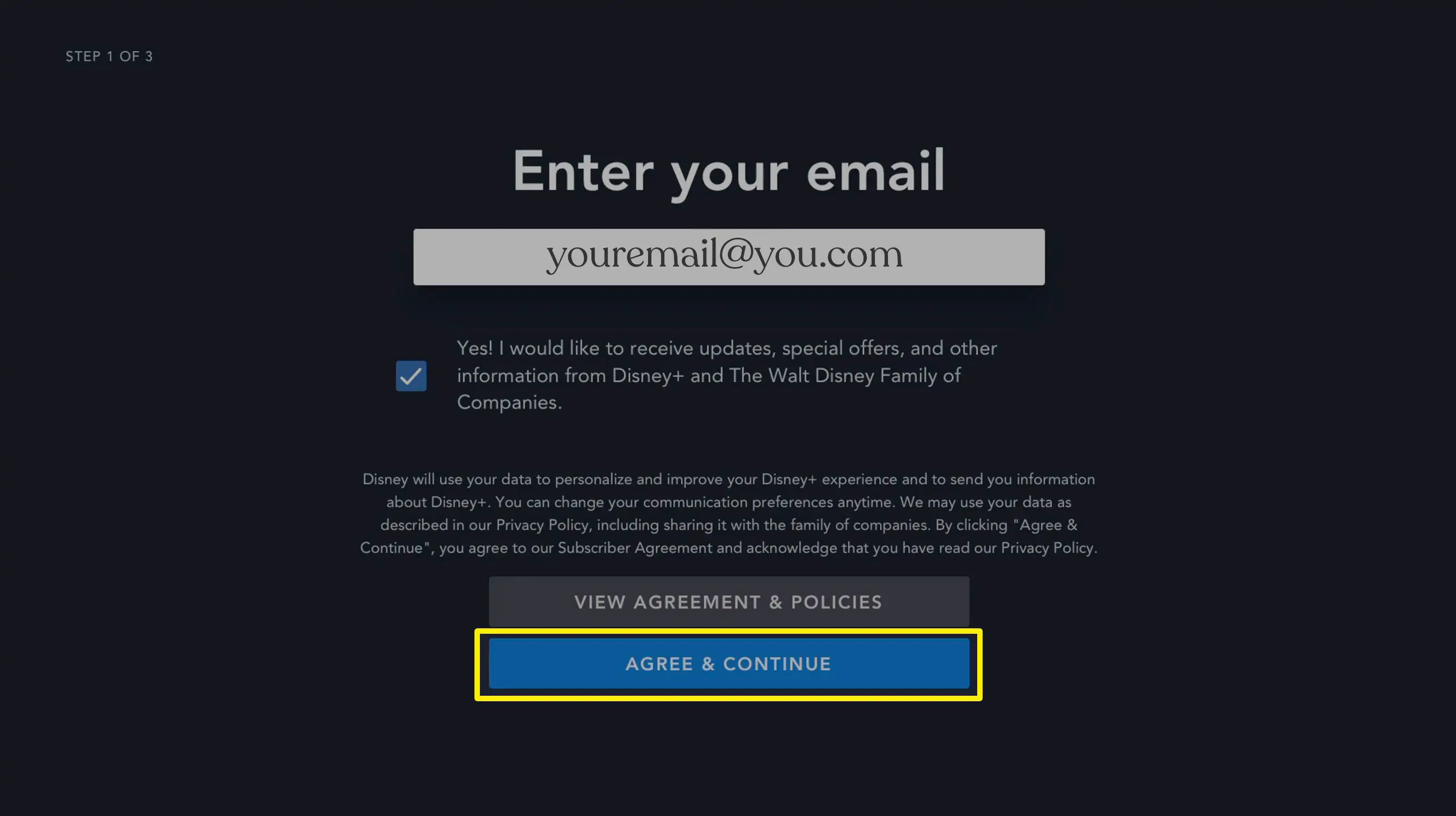 Captura de tela da tela de entrada de e-mail Disney + na Apple TV