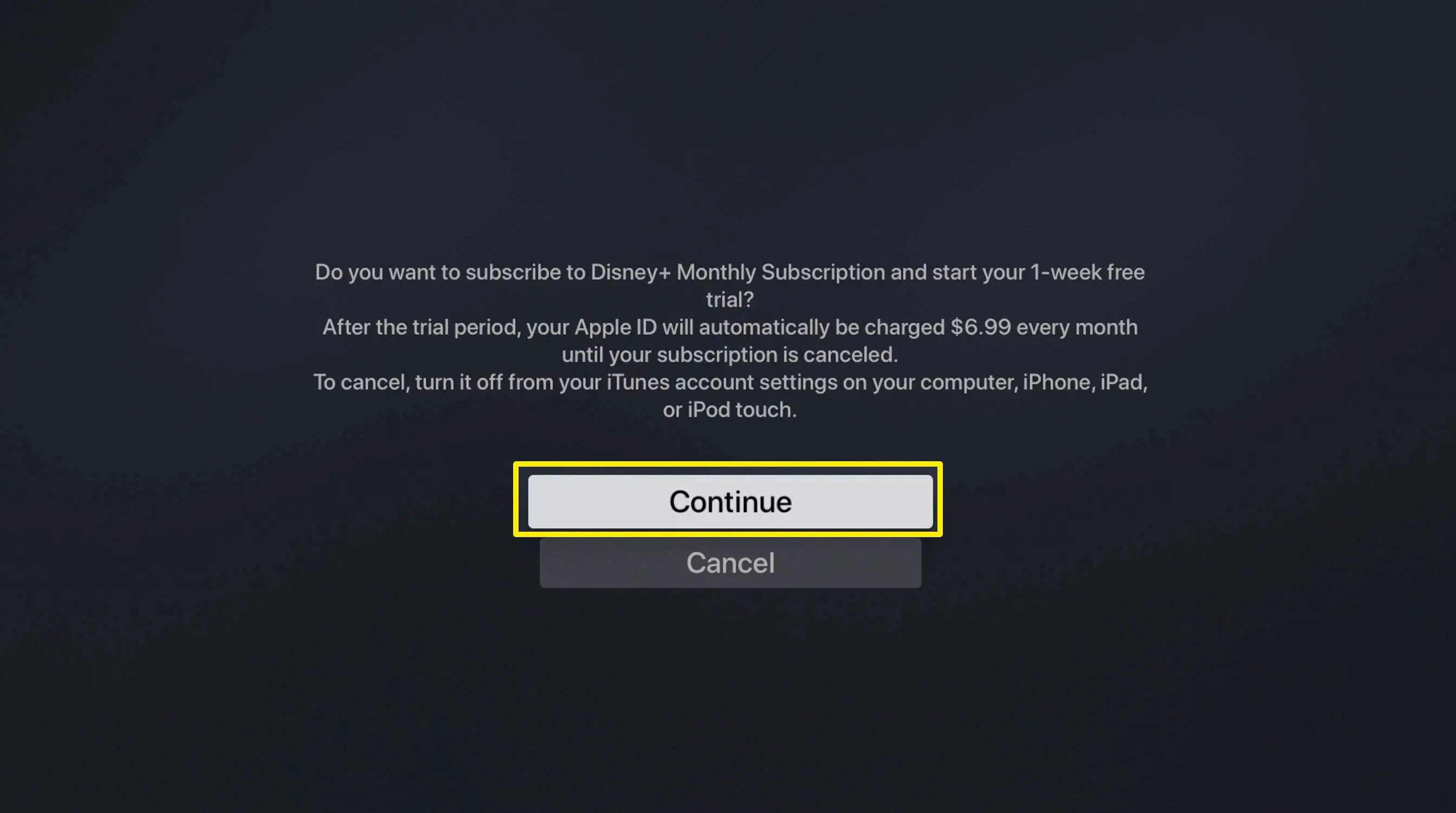 Captura de tela da confirmação de assinatura do Disney + na Apple TV