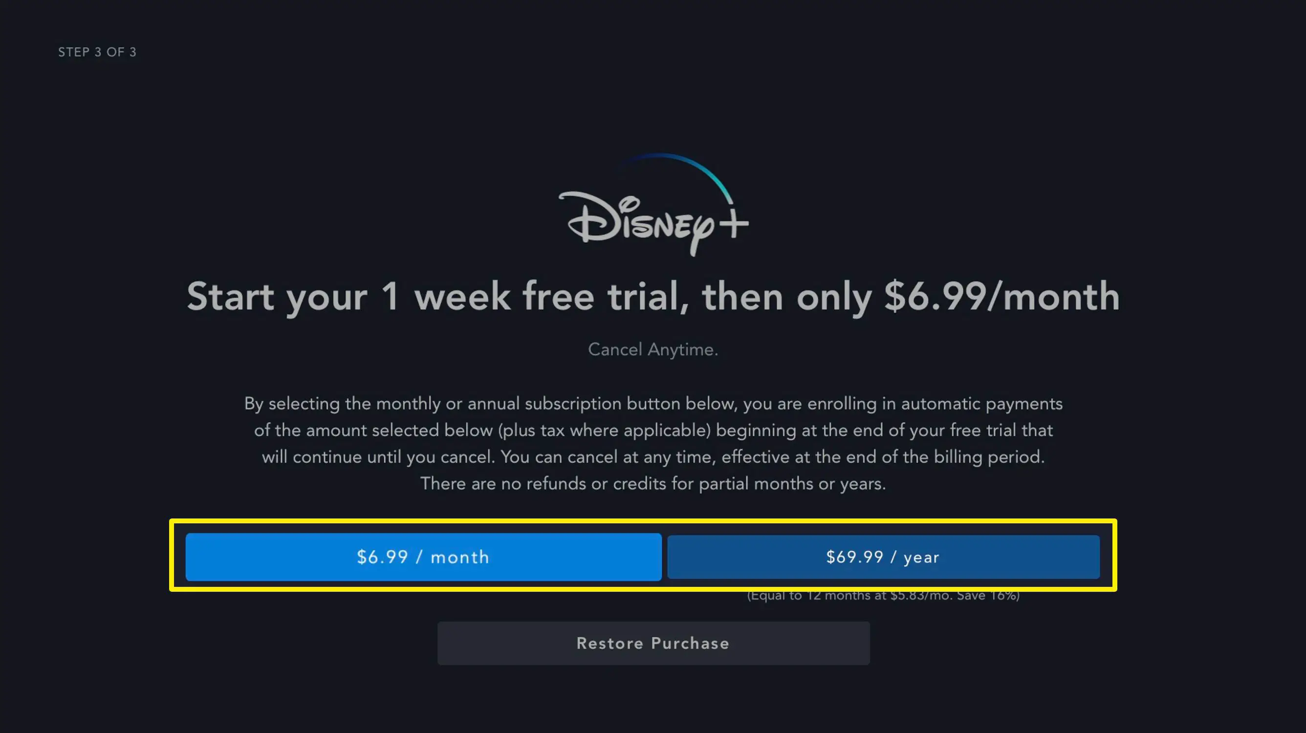 Captura de tela das opções de assinatura do Disney + na Apple TV