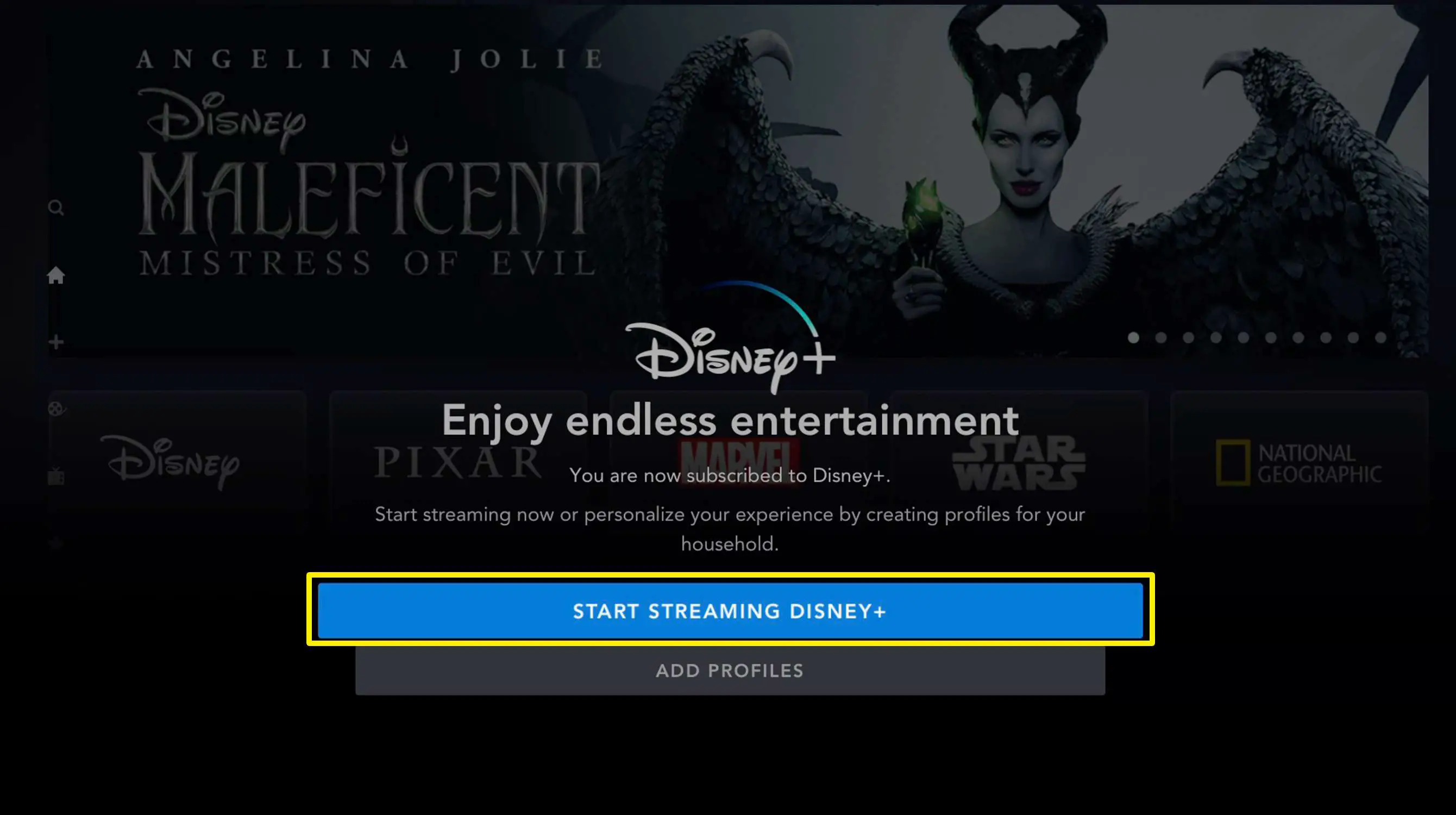 Captura de tela da tela inicial do Disney + na Apple TV