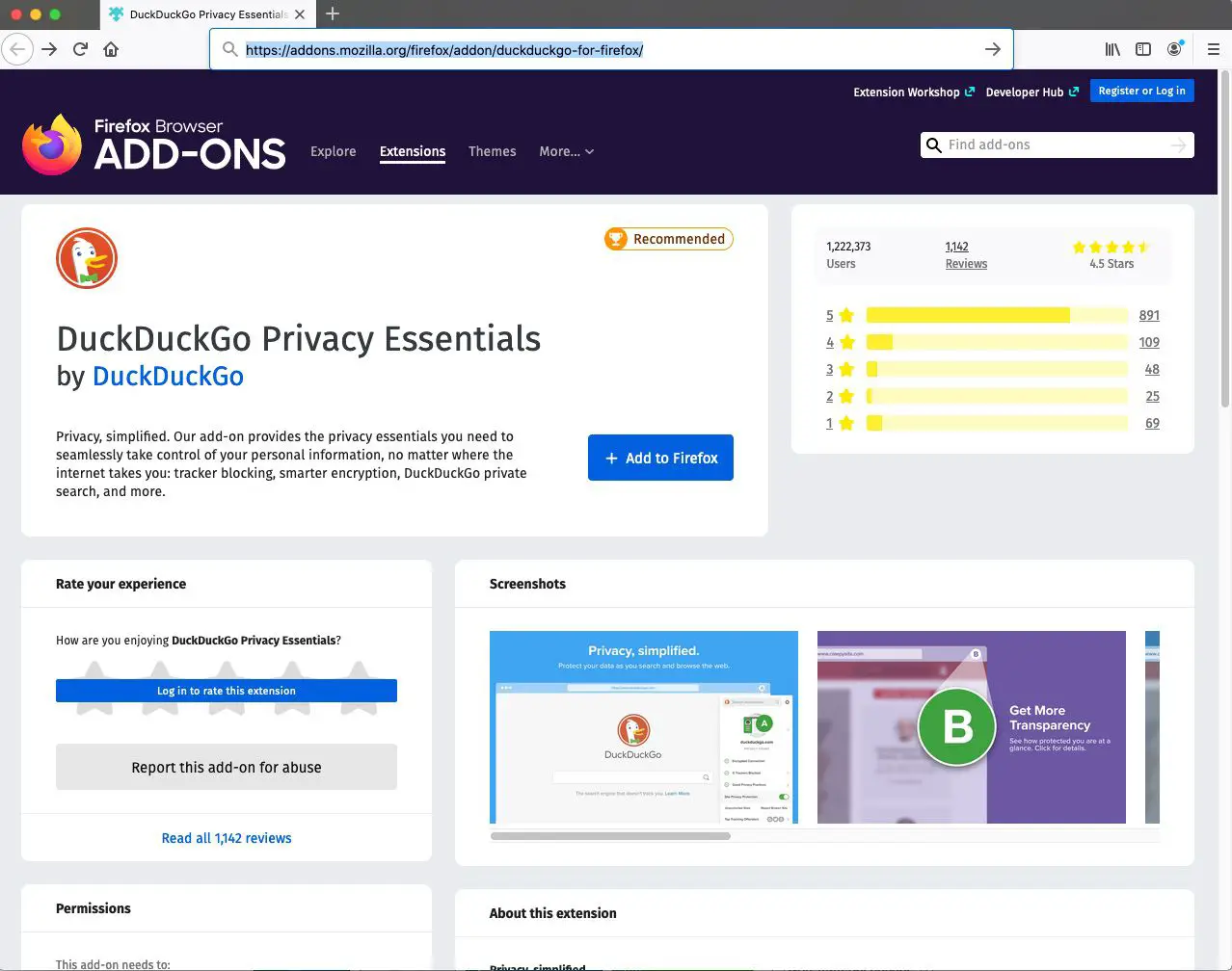 Encontre DuckDuckGo Privacy Essentials na página de complemento do Mozilla Firefox.