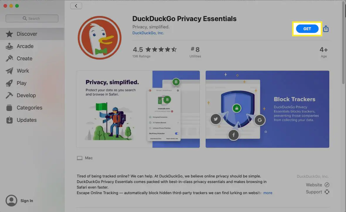Navegue até a extensão DuckDuckGo Safari na Mac App Store e selecione Obter.