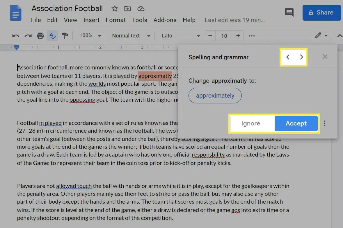 Caixa de sugestão de verificação ortográfica no Google Docs.