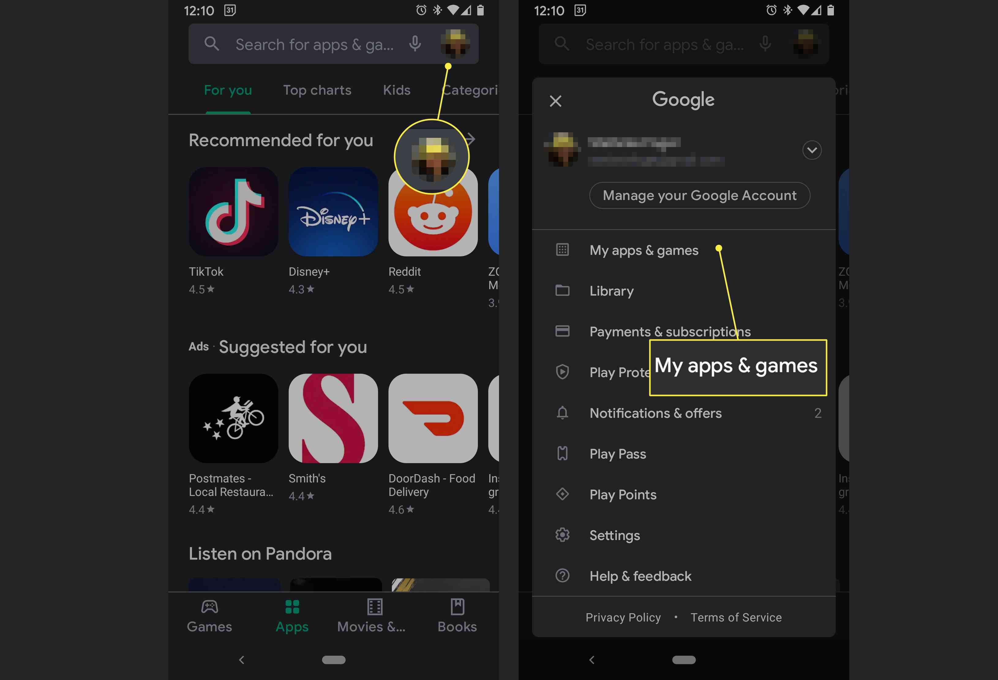 A configuração Meus aplicativos e jogos no Google Play está destacada