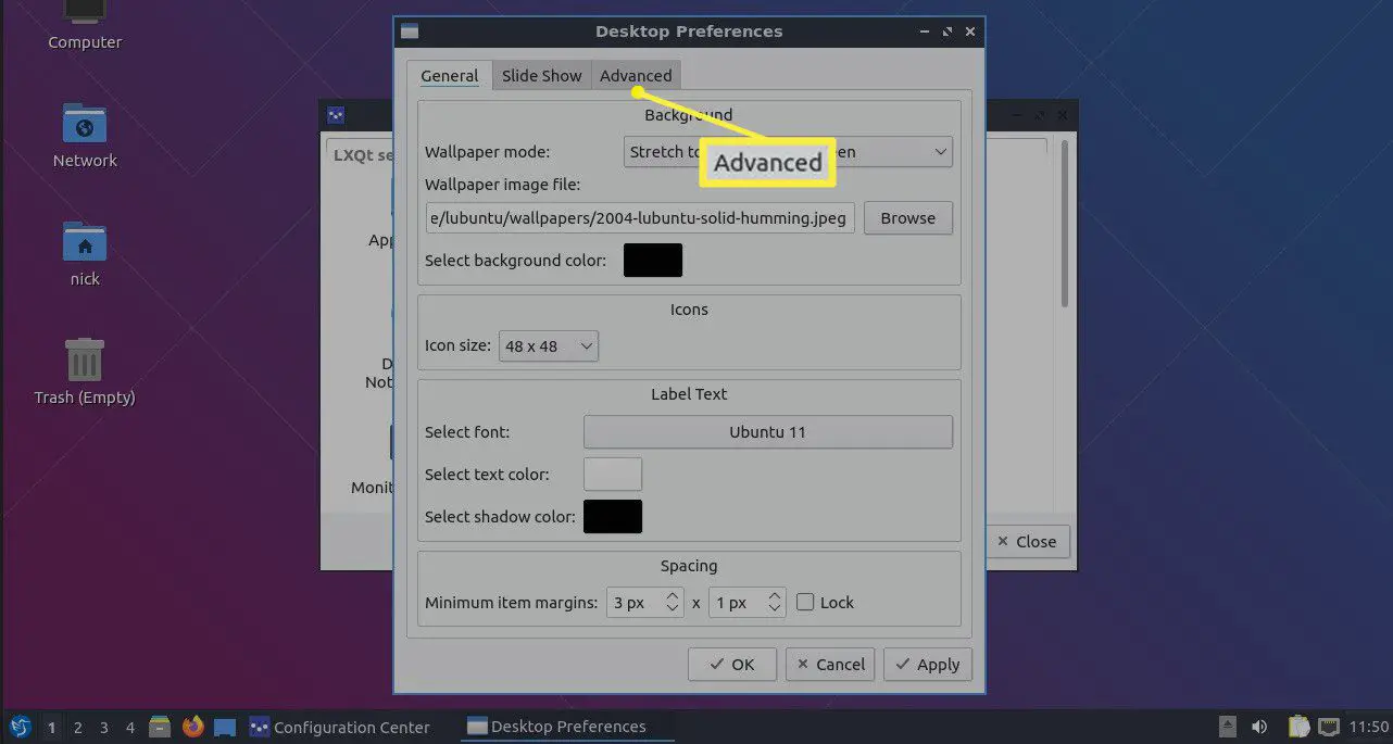 Lubuntu Desktop Preference com a guia Advanced destacada