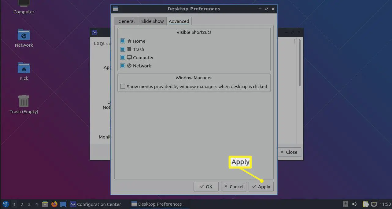 Seção de atalhos visíveis das preferências de desktop do Lubuntu