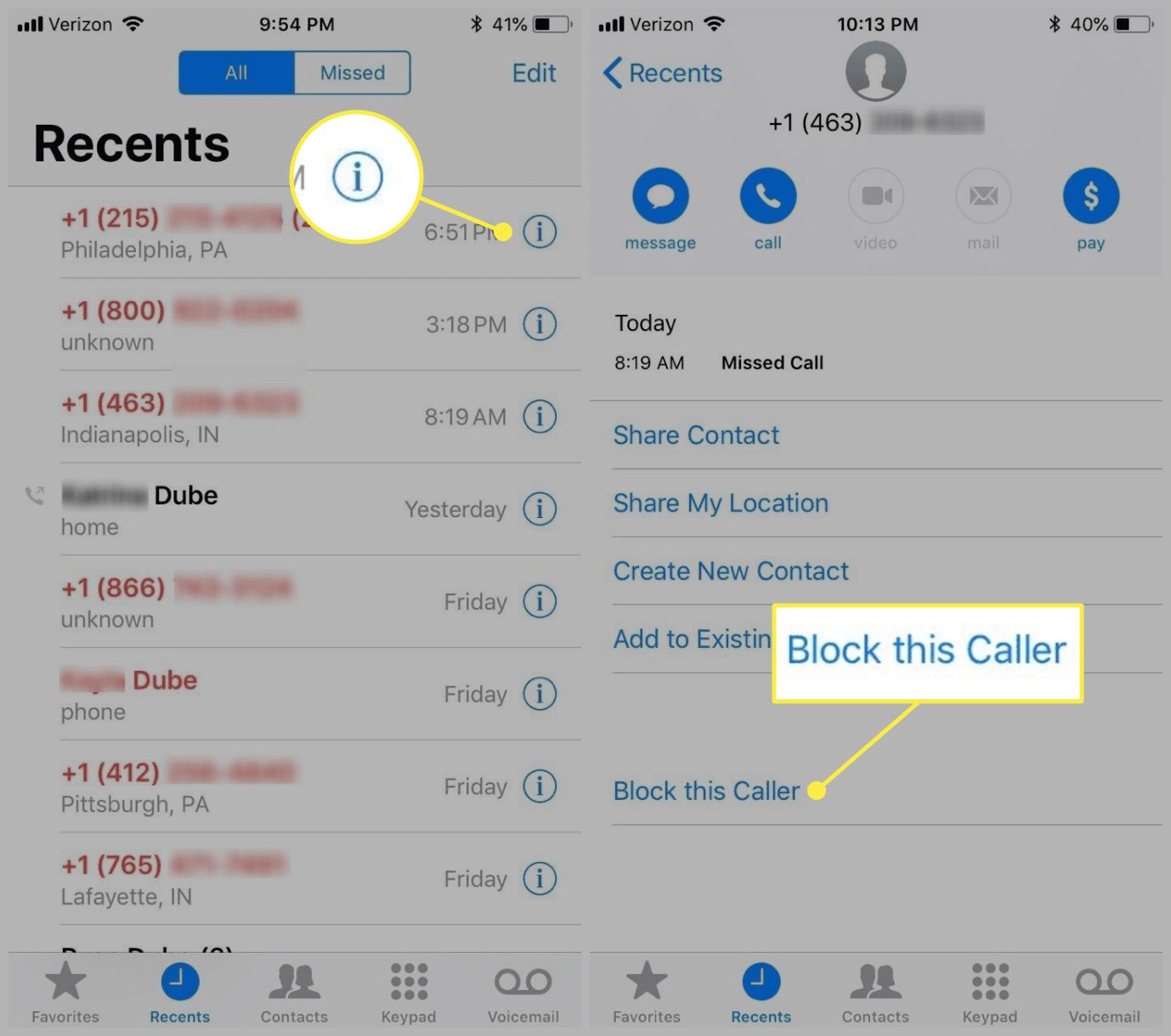 Um usuário iOS bloqueia um número de telefone