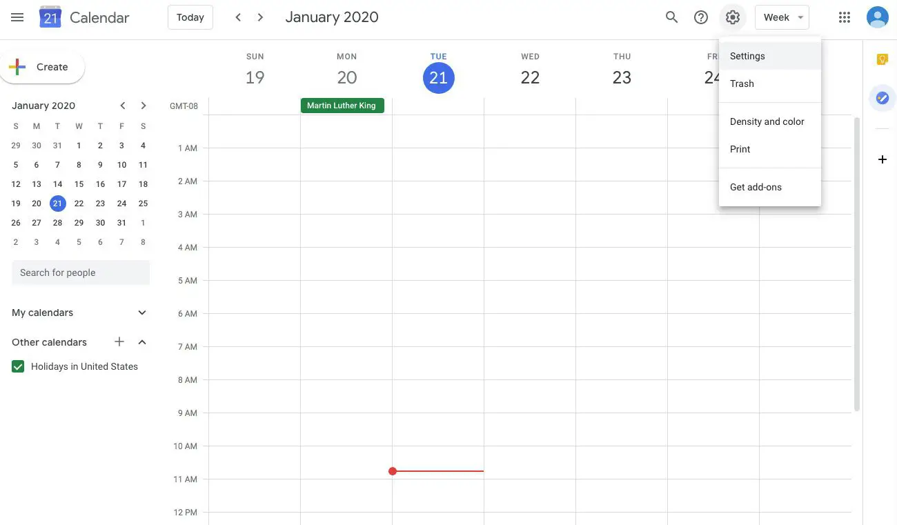 Captura de tela do menu de configurações do Google Agenda