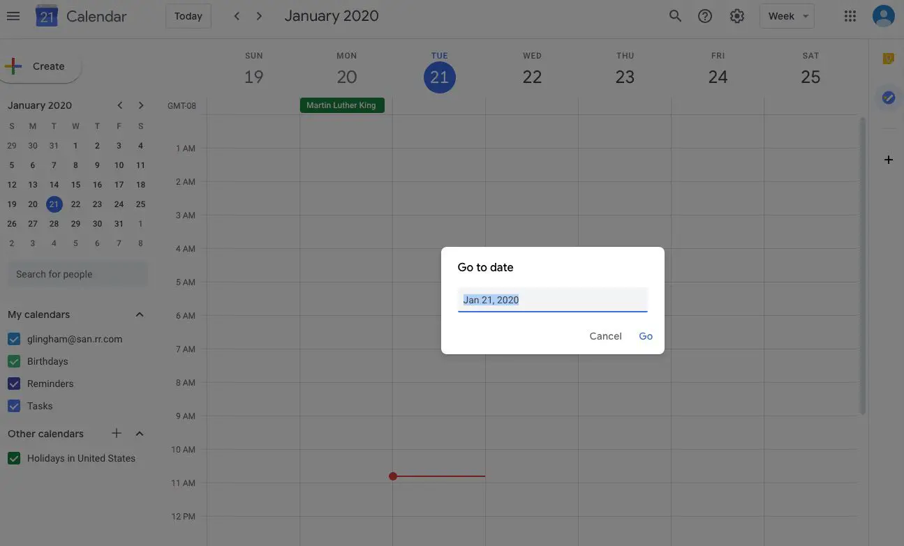 Captura de tela da função Go to Date do Google Agenda