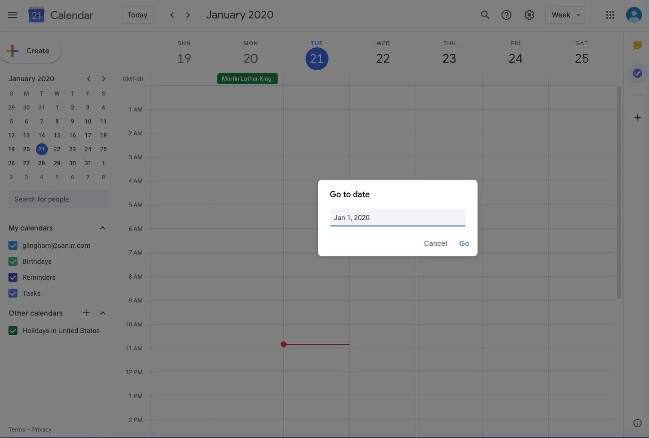 Captura de tela do Google Agenda Ir para a data