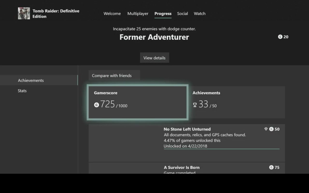 Informações de conquistas no Xbox One.