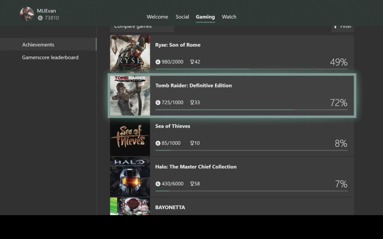 Informações de conquistas no Xbox One.