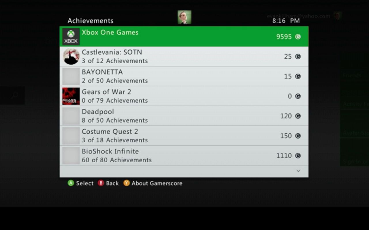 Menu de conquistas no Xbox 360.