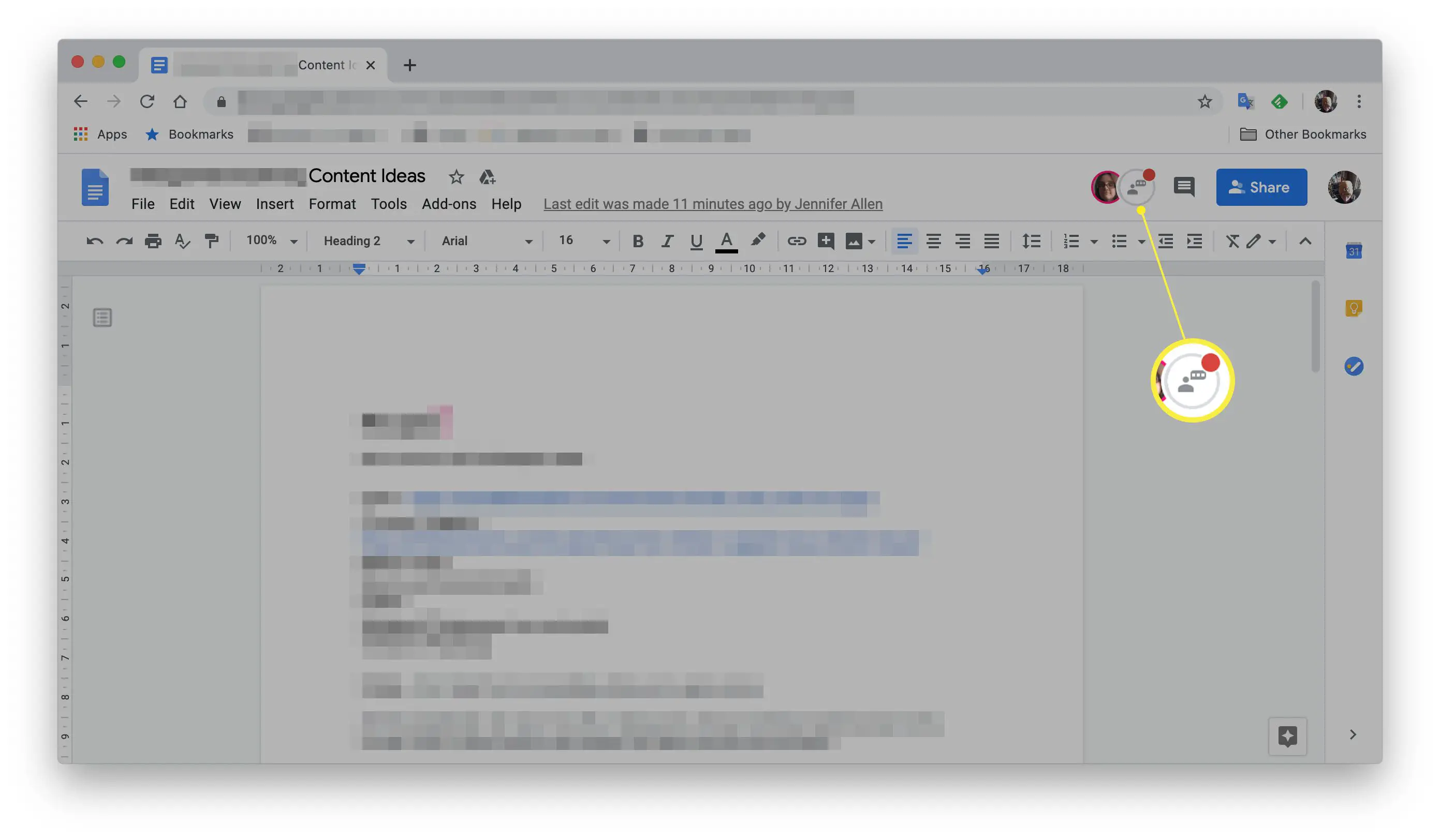 Google Docs com o botão Mostrar bate-papo destacado