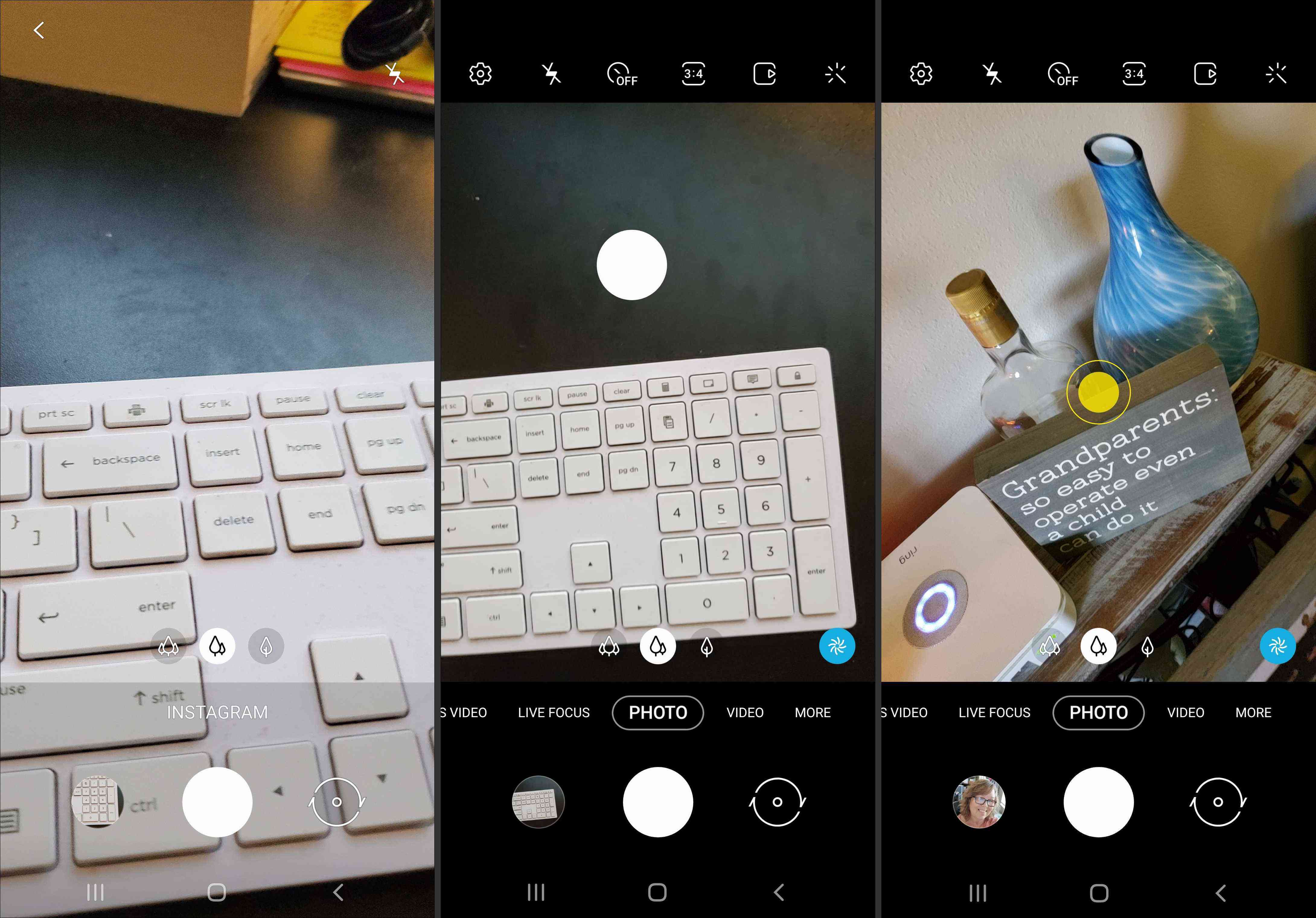 Capturas de tela da opção Instagram, um botão do obturador realocado e assistência de tiro no Galaxy Note 10 e 10+.