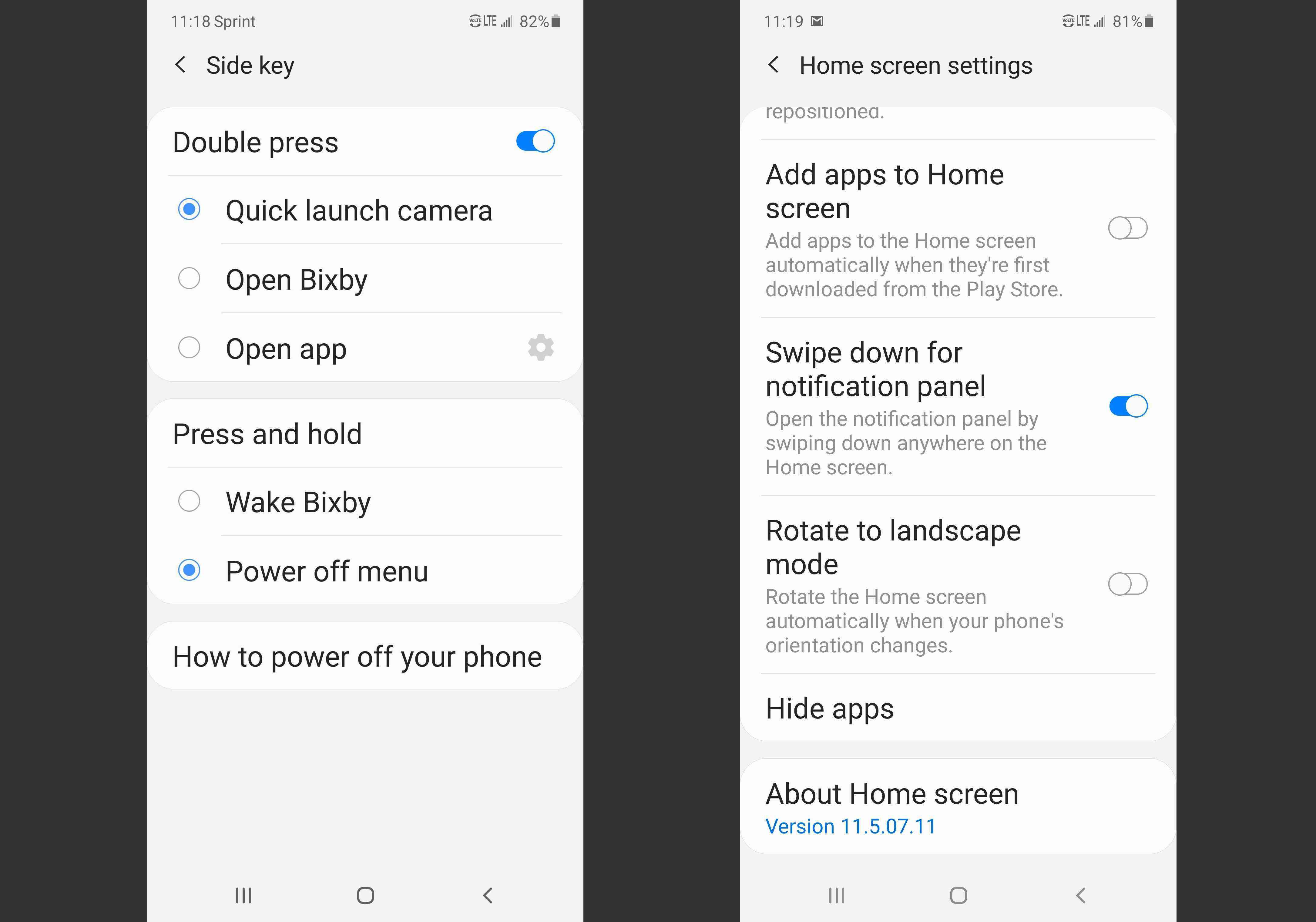 Capturas de tela mostrando a tecla lateral do Galaxy Note 10 e 10+ e ocultar opções de aplicativos.