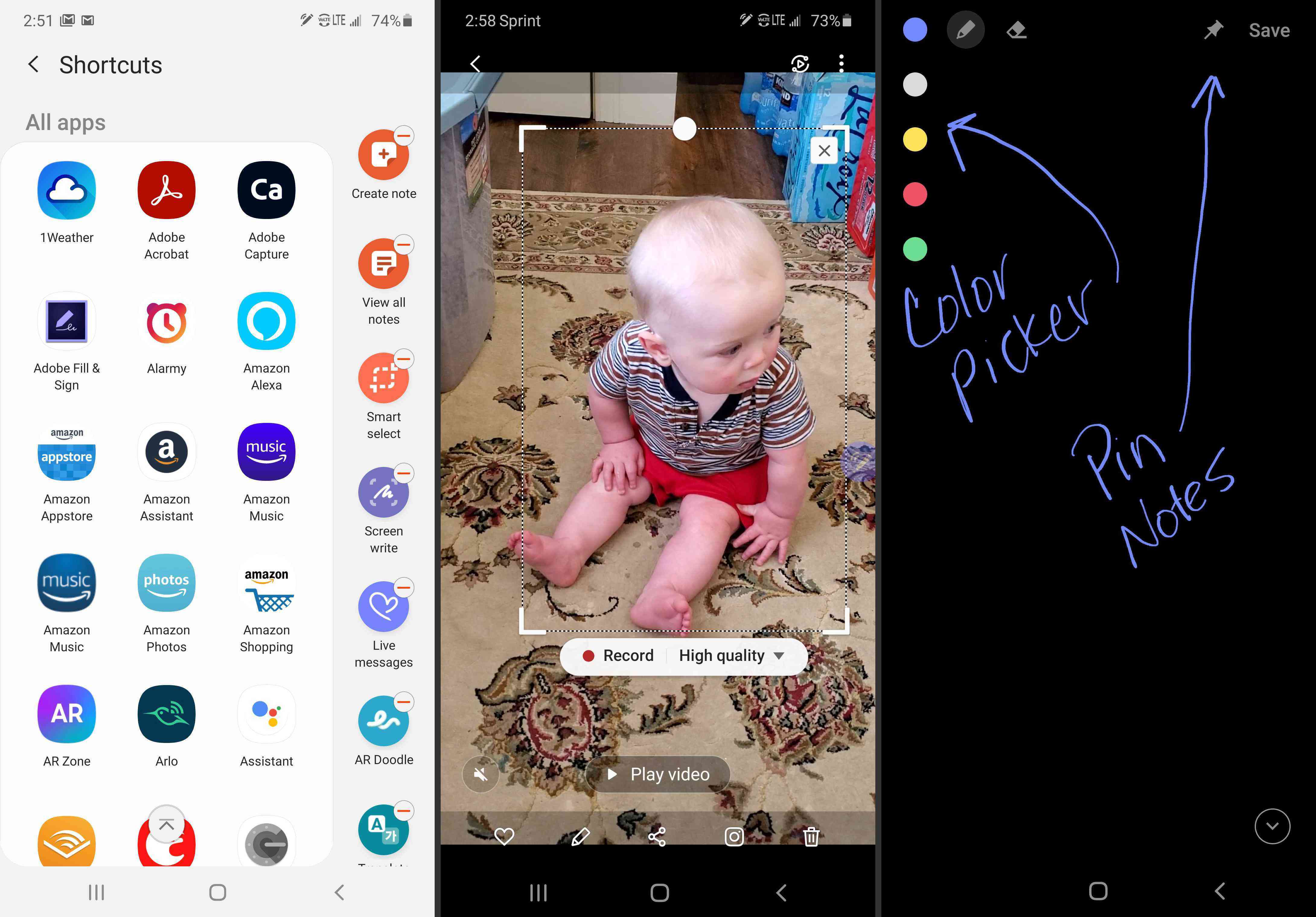 Capturas de tela de atalhos de aplicativos, criação de um GIF e notas no Samsung Galaxy Note 10 e 10+.