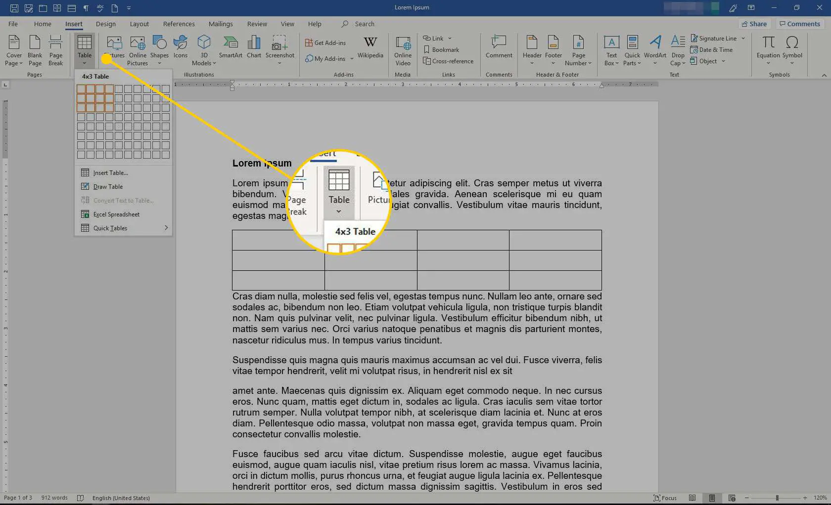 Inserir menu no Microsoft Word com a opção Tabela destacada