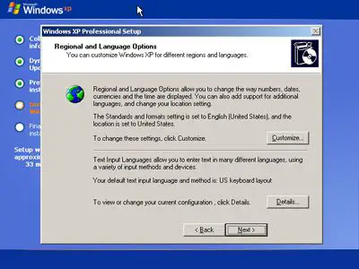Captura de tela da configuração das opções regionais e de idioma durante uma configuração do Windows XP
