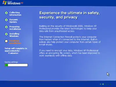 Captura de tela da configuração do Windows XP Finalizando a instalação