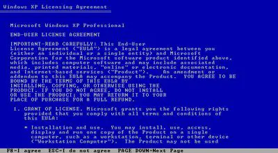 Captura de tela da tela do Contrato de Licença do Windows XP durante a configuração