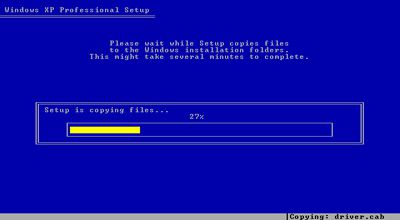 Captura de tela da configuração do Windows XP copiando os arquivos de instalação para o disco rígido