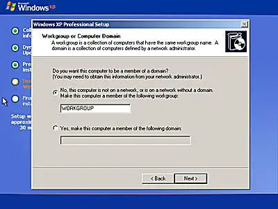 Captura de tela do grupo de trabalho e configurações de domínio do computador durante a configuração do Windows XP