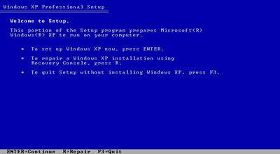 Captura de tela da tela de boas-vindas à instalação durante uma instalação do Windows XP