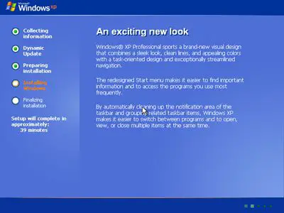 Captura de tela dos processos de instalação do Windows XP