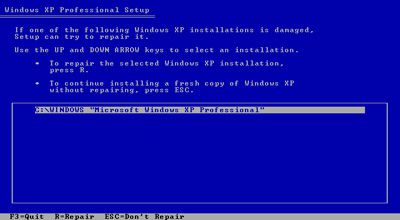 Captura de tela da lista de sistemas operacionais encontrados pela instalação do Windows XP