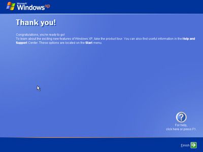 Captura de tela do agradecimento!  Etapa do assistente durante a configuração do Windows XP