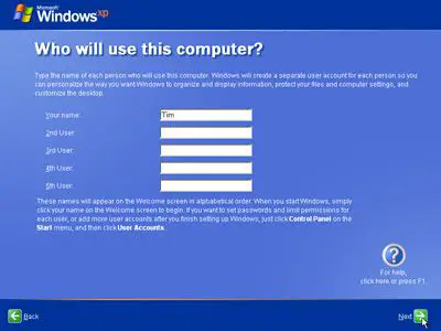 Captura de tela do Quem usará este computador?  Tela do assistente durante a configuração do Windows XP