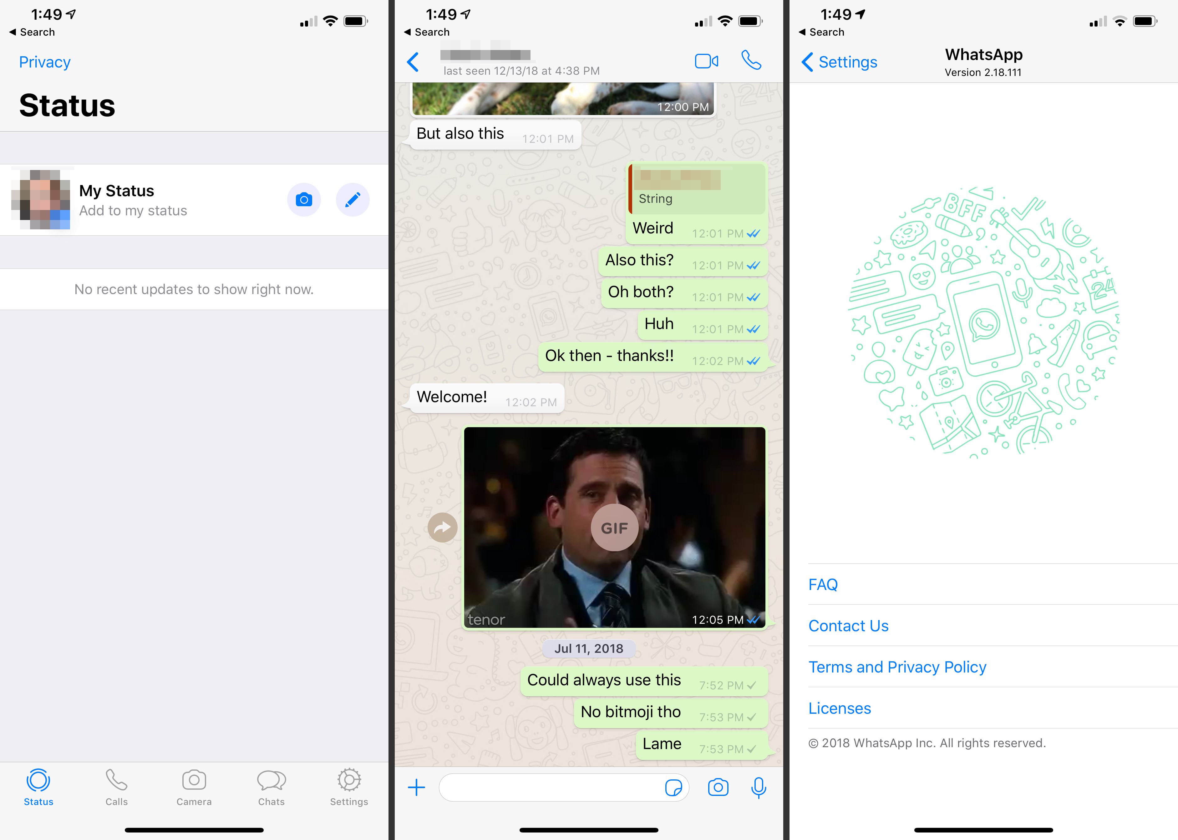 Três telas do WhatsApp no ​​iOS