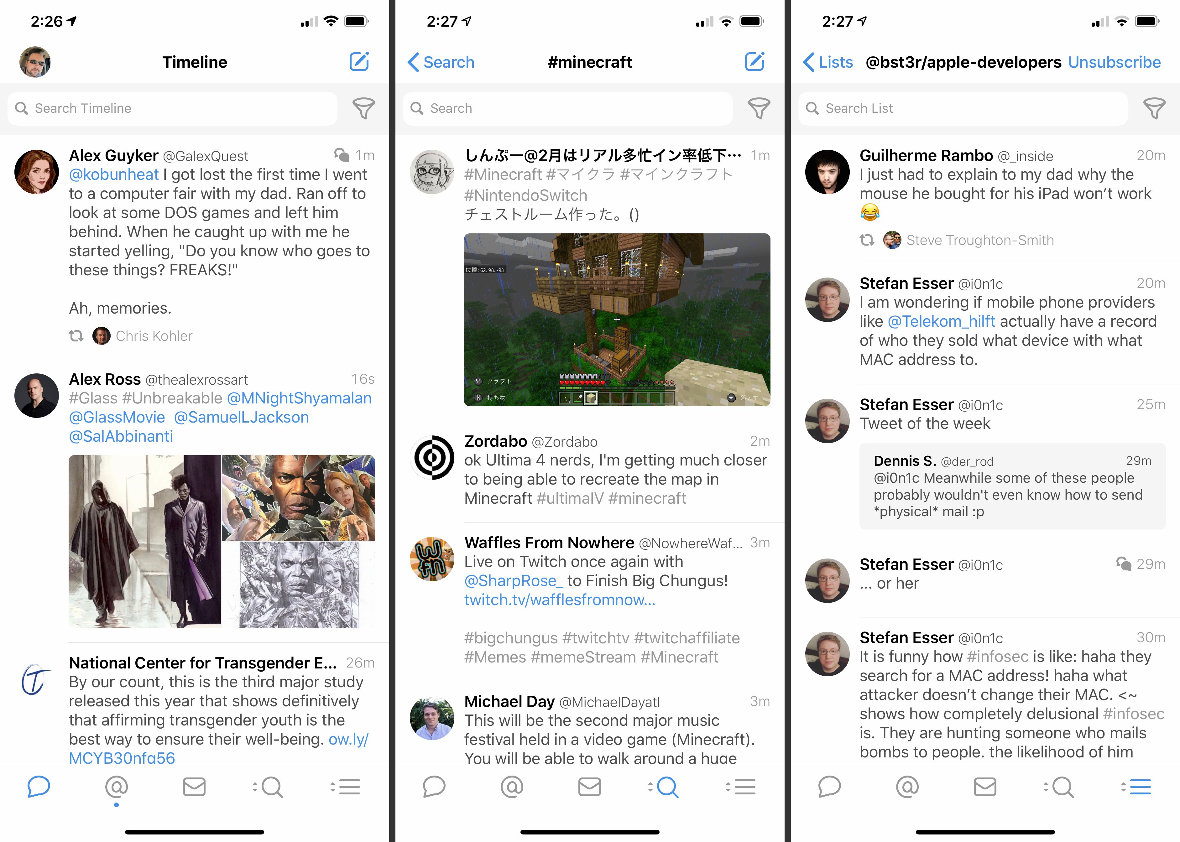 Três telas do Twitter para iOS