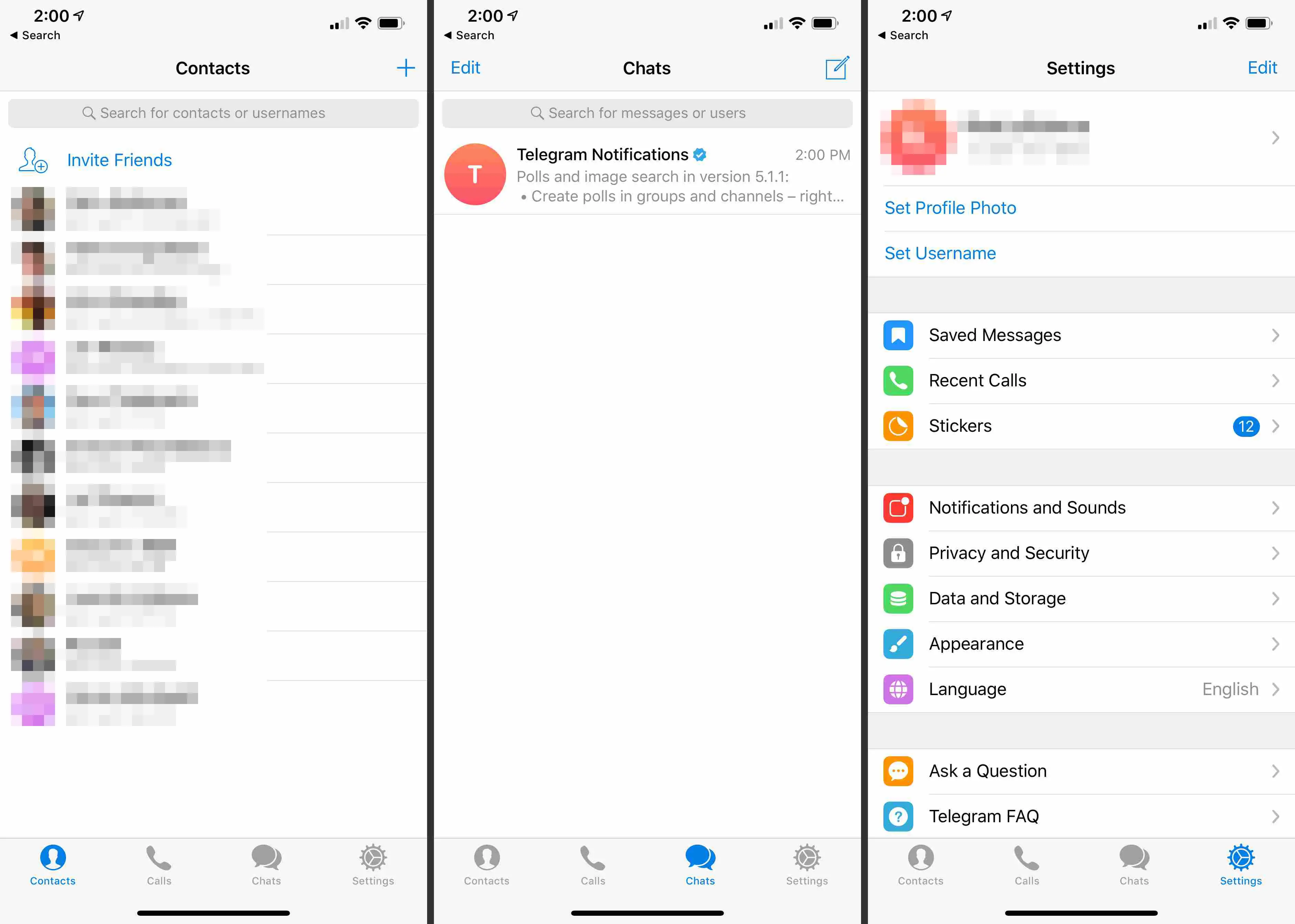 Três telas iOS do Telegram