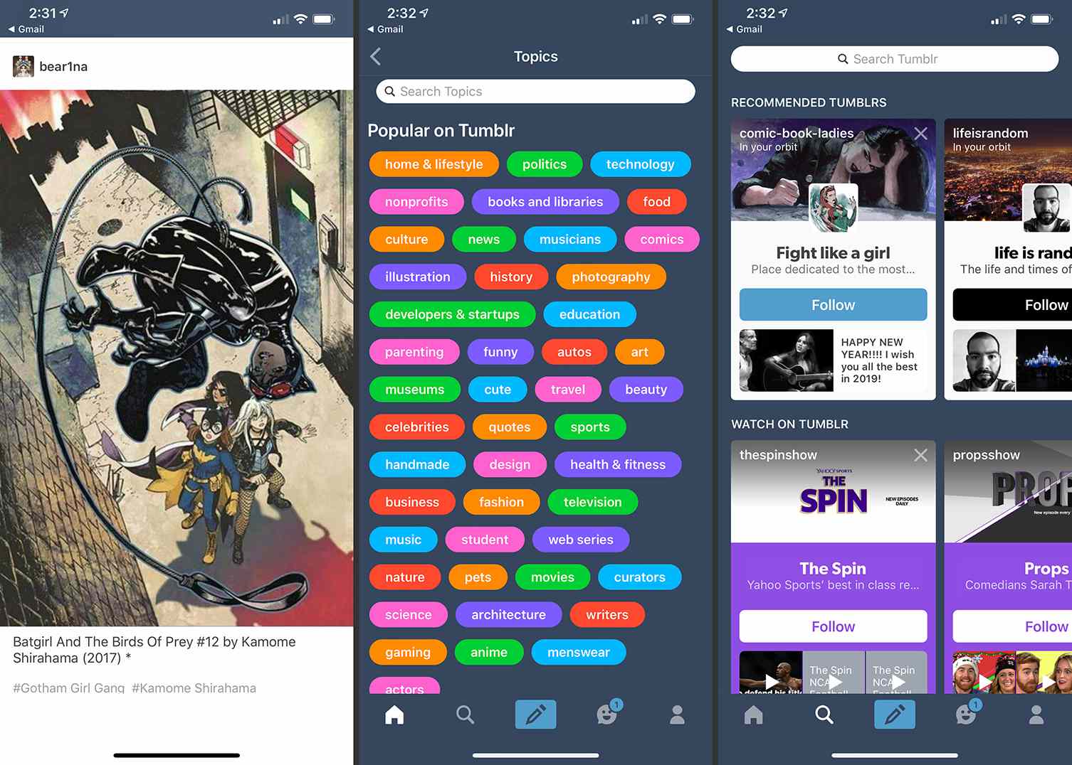 Três telas iOS do aplicativo Tumblr