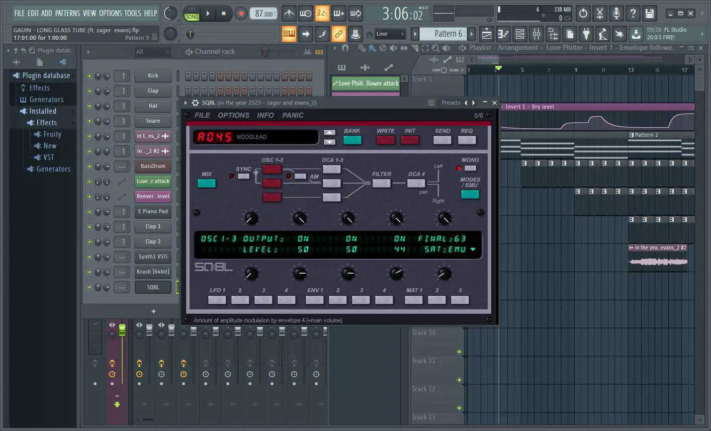 Uma captura de tela do uso do SQ8L VST no FL Studio DAW.