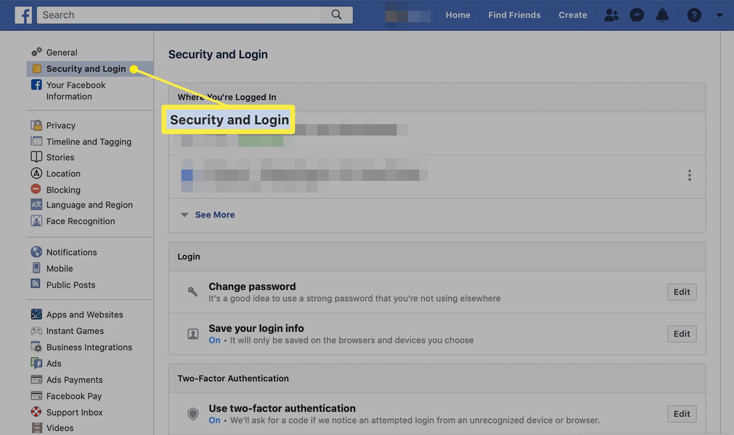 Configurações de segurança e login no Facebook