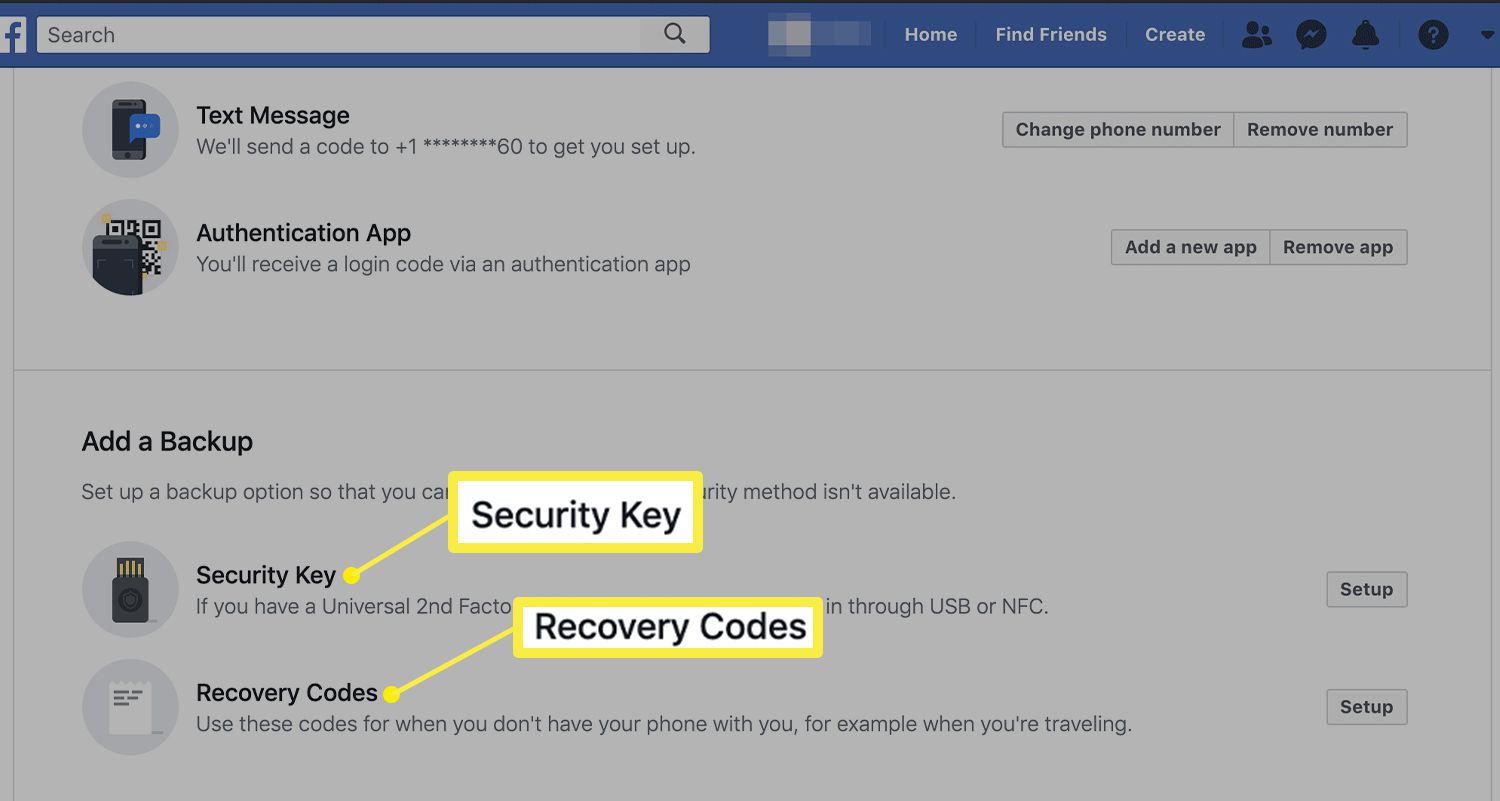 Opções de backup para autenticação de dois fatores no Facebook