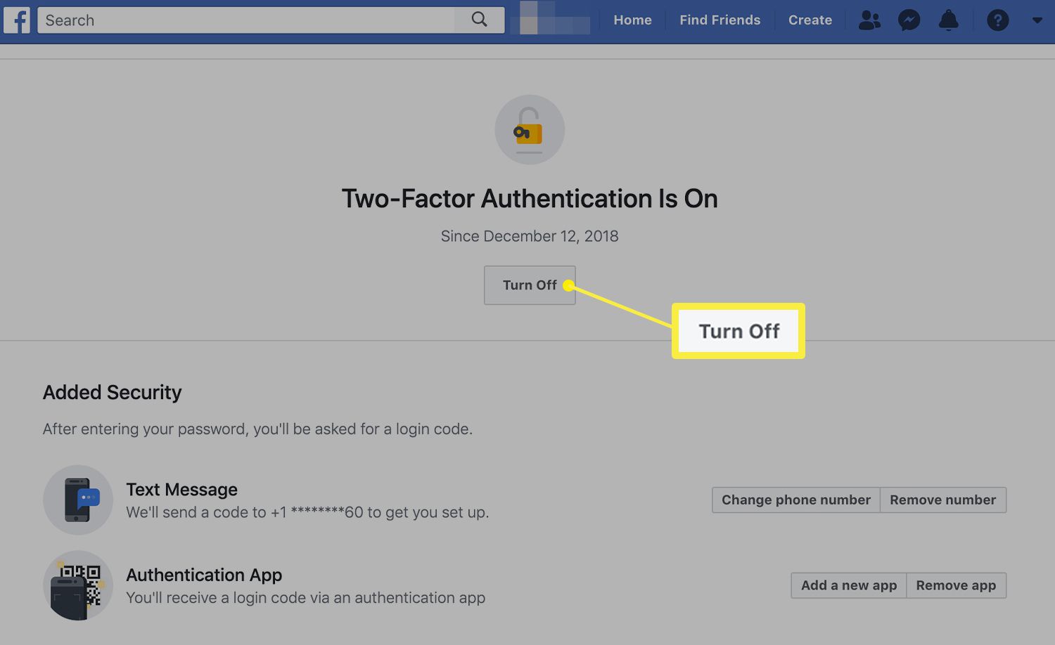 Tela de autenticação de dois fatores no Facebook