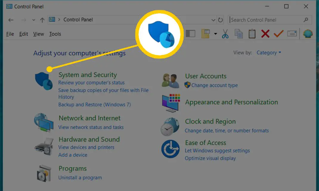 Captura de tela do botão Sistema e Segurança no Painel de Controle do Windows 10